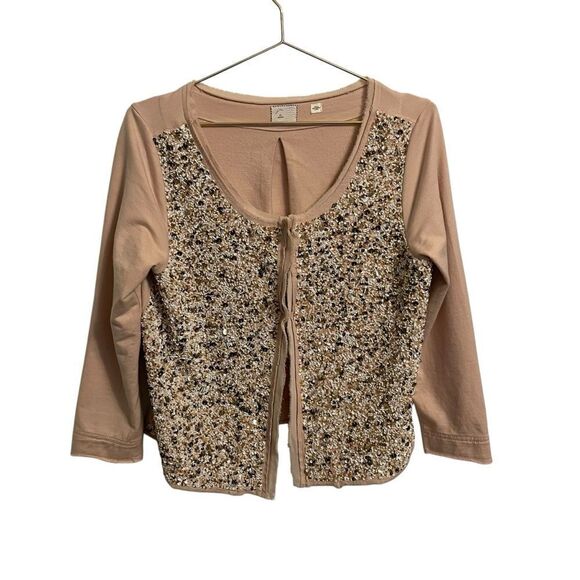 Anthropologie Postmark Beige Cream Sequin Beaded Boxy Fit Pailette Cardigan MED - Picture 2 of 8